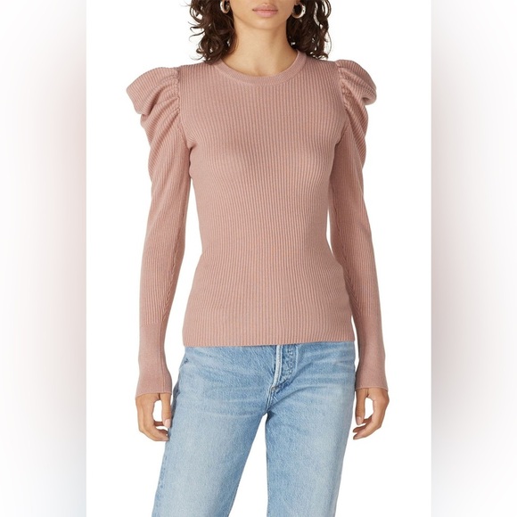 7 for All Mankind Pink Long Sleeve Ribbed Sweater with Puffy Shoulders, Size S - Picture 2 of 13